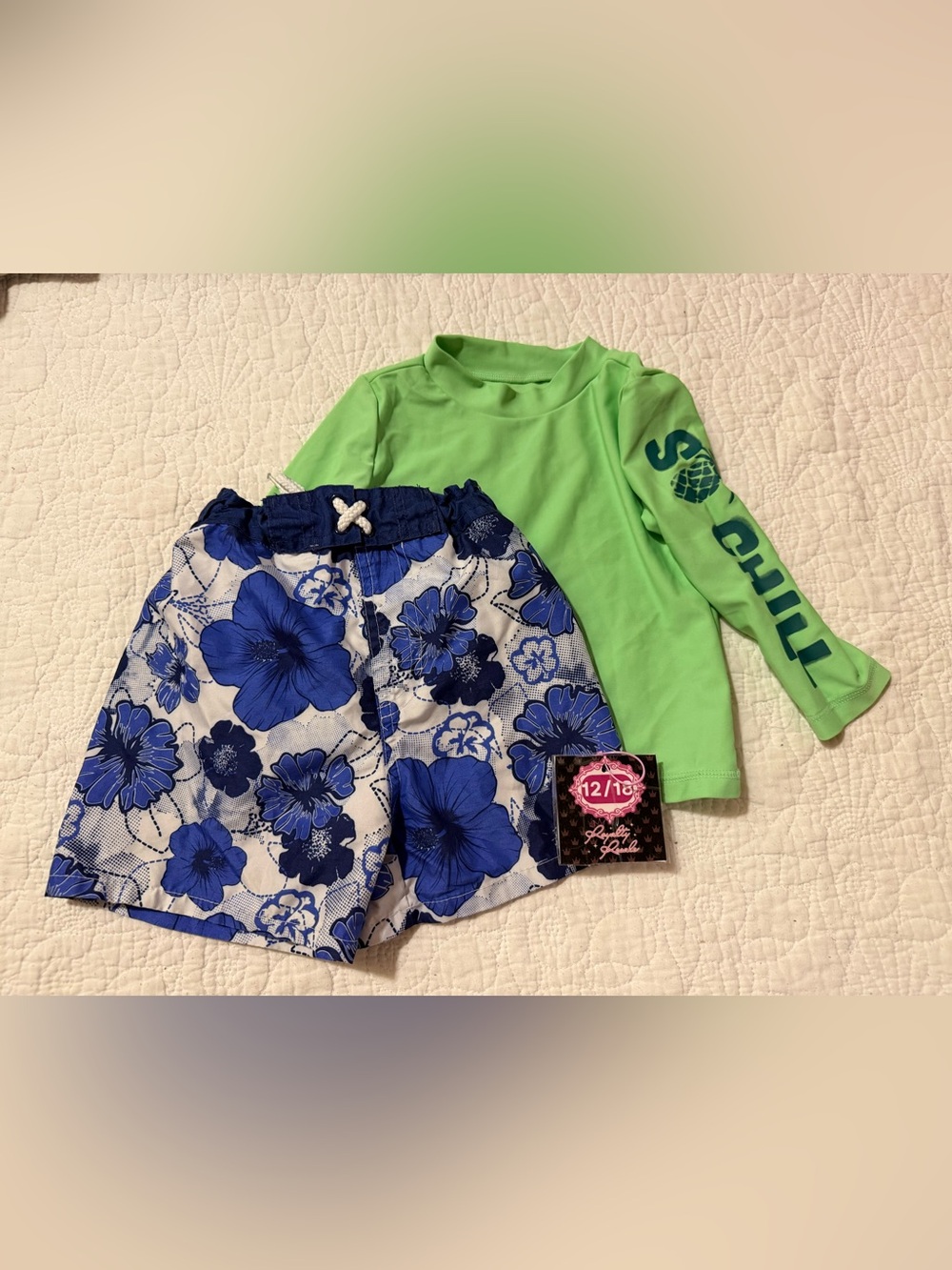 Kids Green Rash Guard Top and Blue Floral Swim Trunks Set